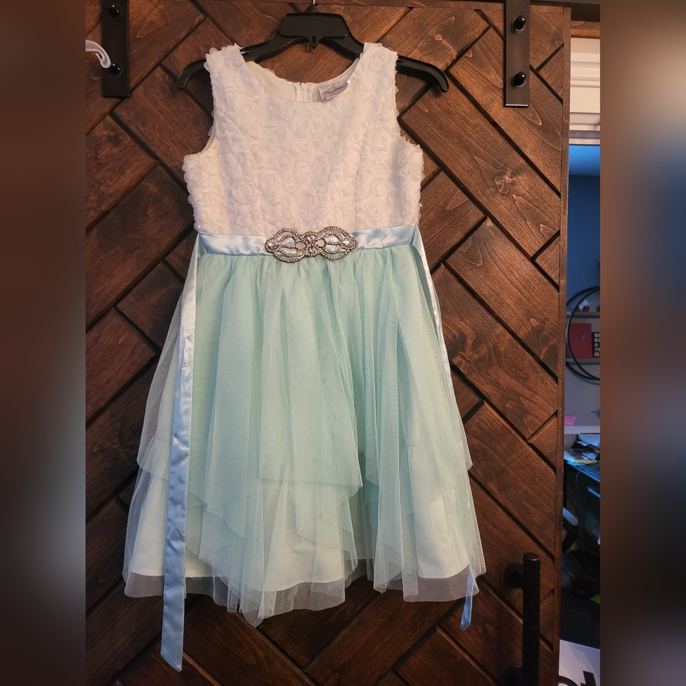 Rare Editions girls size 14 dress, rhinestone embellishment, white/seafoam